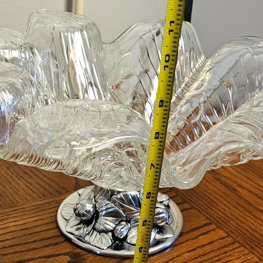 Vintage Ruffled Art Glass Centerpiece Bowl Silver Floral Pedestal Base 18 Inch